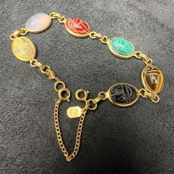 12K GF Scarab Beetle Bracelet Six (6) Gemstones Egyptian Hieroglyphs by Winard main image 4